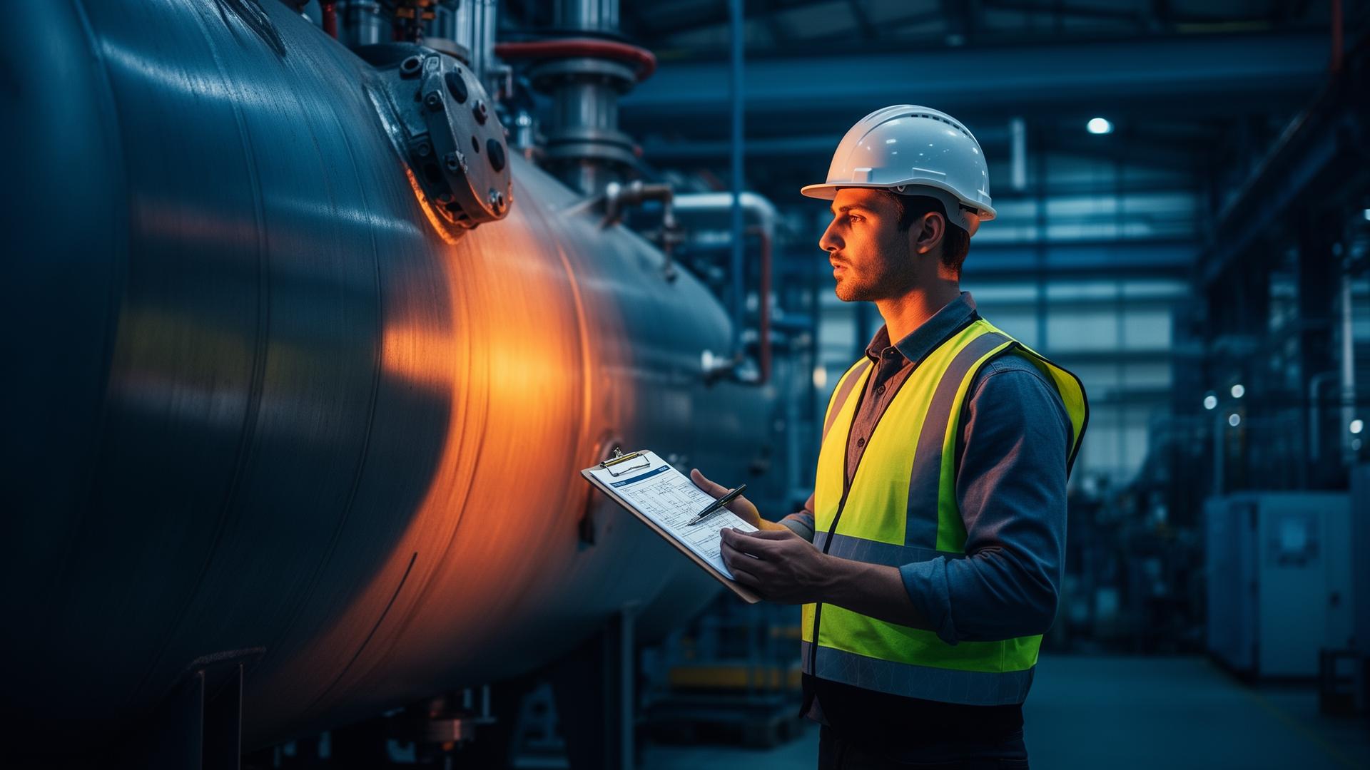 Engenheiro mecânico inspecionando vaso de pressão industrial