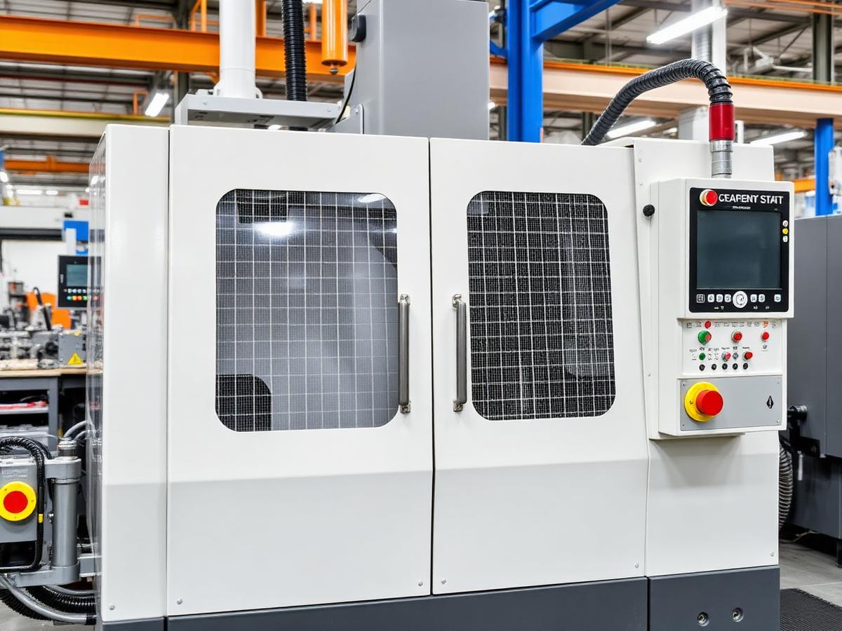 Máquina industrial com proteções NR12 e botão de emergência